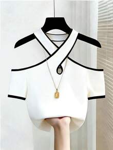 GlowEve Women's Contrast Trim Off Shoulder Fashion T-Shirt, Summer - Black and White - View 1