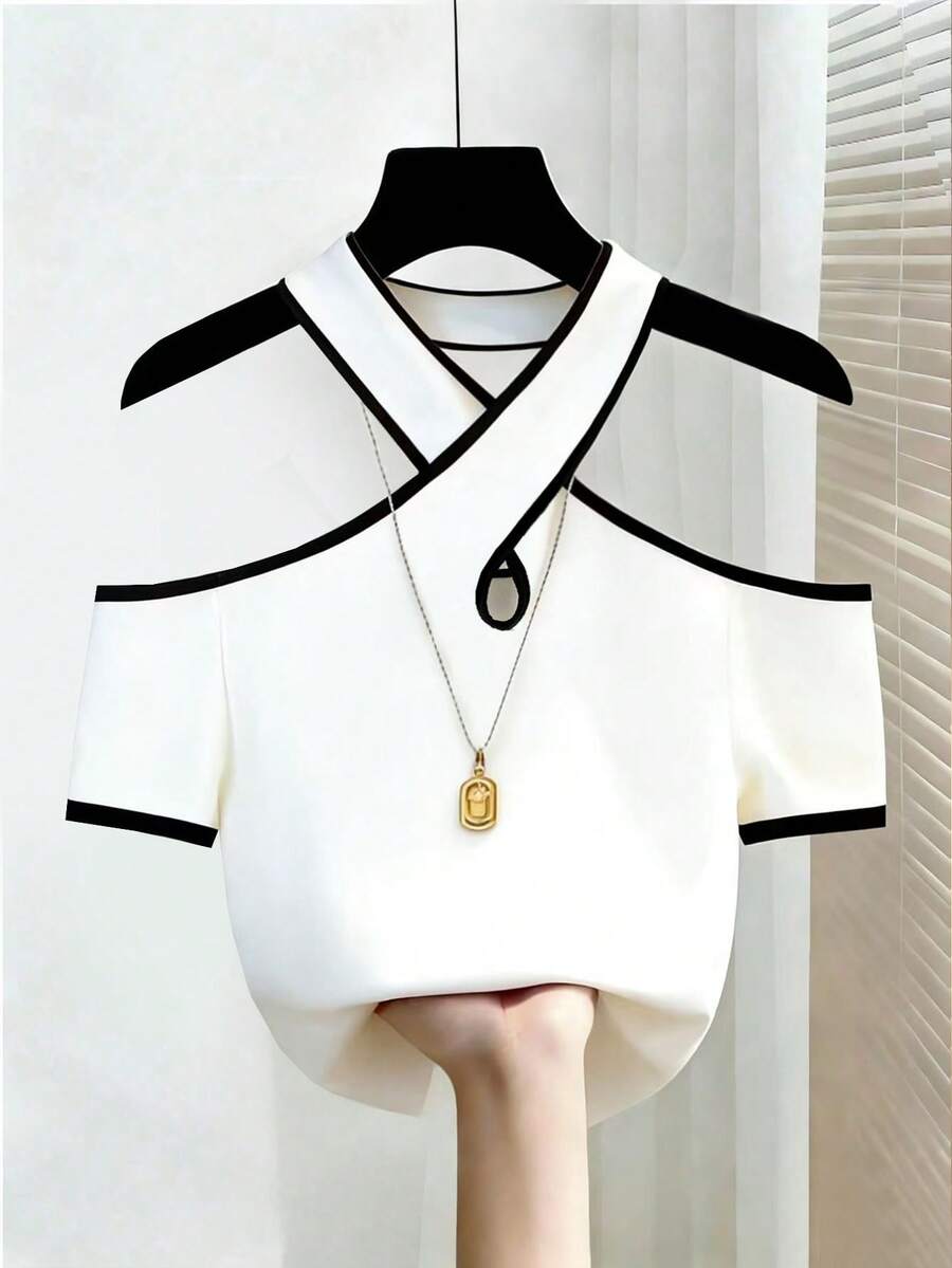 GlowEve Women's Contrast Trim Off Shoulder Fashion T-Shirt, Summer - Black and White - View 1