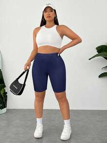 SHEIN EZwear 海军蓝加大码纯色修身短裤女长款短裤加大码骑行短裤女式紧身骑行短裤女式弹力短裤 - 藏蓝色 - 查看 7