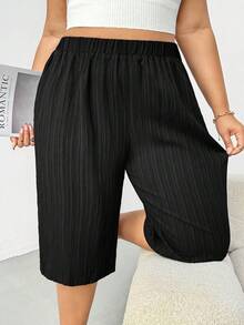 大码女装春夏时尚休闲宽松舒适日常百搭显瘦纹理面料黑色弹力腰五点裤，女式下装，夏季穿搭，曲线短裤 - 黑色 - 查看 6