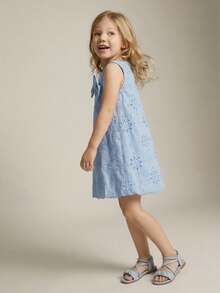Maija Kids Young Girl Blue Embroidered Bow Decor Round Neck Sleeveless Casual Dress,Kids - Blue - View 11