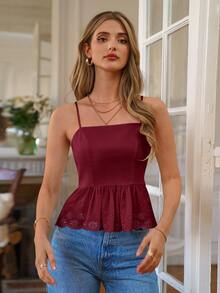 Poéselle 女士纯色镂空褶皱休闲百搭约会之夜吊带背心 - 酒紅色 - 查看 5