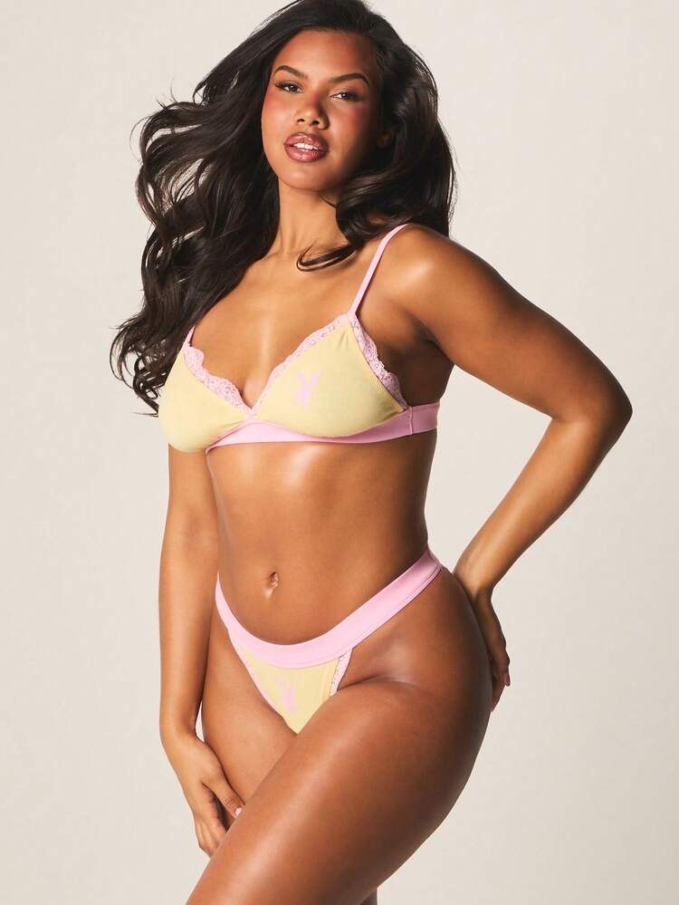 Missguided x Playboy Set di reggiseno bralette e perizoma con bordi a pizzo e bordi smerlati, collezione di biancheria intima femminile