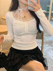 DAZY Women's Elegant Lace-Up Long Sleeve T-Shirt, Spring/Autumn - Apricot - View 5