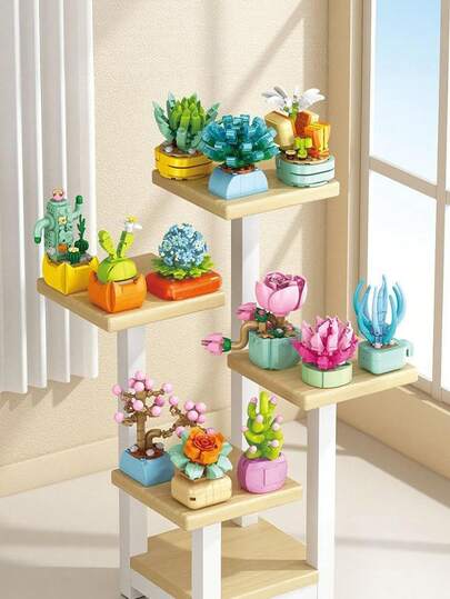 Zazumi 800+ pièces, série de blocs de construction de plantes en pot succulentes, défi d'assemblage, set de blocs de construction décoratifs, module de plante en pot succulente 3D créatif assemblé, décoration architecturale de style pour table, adapté comme cadeau d'anniversaire/Halloween/Noël/fête, accessoire de décoration d'intérieur, collection