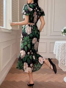 DAZY Elegantes figurumspielendes Kleid mit Stehkragen und Puffärmeln, Sommer Sommerkleid - Grün - Übersicht 2