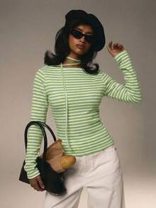 Athîral 情人节女士休闲条纹圆领长袖T恤，秋季款 - 綠色 - 查看 3