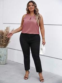 SHEIN Clasi Plus Size Plain Simple Round Neck Sleeveless Shirt - Coral Pink - View 4