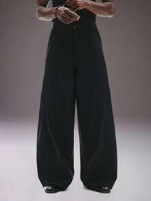 STYNVO 男士纯色宽松斜插口袋休闲阔腿裤 男士阔腿裤 男士侧开衩喇叭裤 宽松裤 - 黑色 - 查看 4