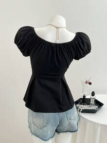 Elamini Women's Casual Versatile Square Neck Ruched Black Short Sleeve T-Shirt, Spring/Summer - Black - View 2