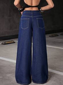 Flirla Jeans de pierna ancha con patrón de corazón de leopardo bordado - Azul lavado oscuro - Ver 2