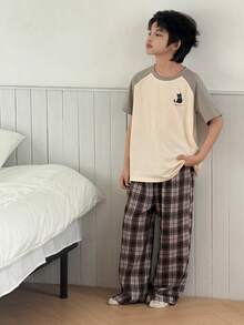 DAZY Tween Boy Letter & Cartoon Cat Print Raglan Sleeve Top And Plaid Pants Pajama Set - Apricot - View 7