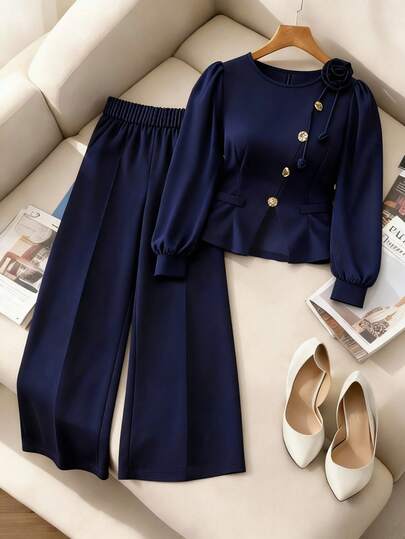 Modelyn Plus Size Elegant Commuter Solid Color 3D Floral Decor Shirt And Pants 2 Pieces Set