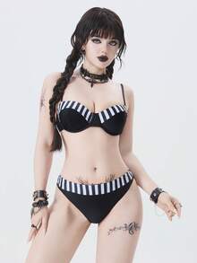 ROMWE Goth Bikini con aros con estampado de rayas - Blanco y Negro - Ver 3