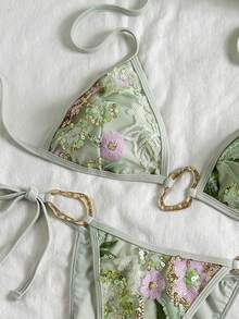 SHEIN Swim Women's Embroidered Fabric Metal Decor Halter Tie Sexy Bikini Set, Suitable For Beach & Holiday - Green - View 5
