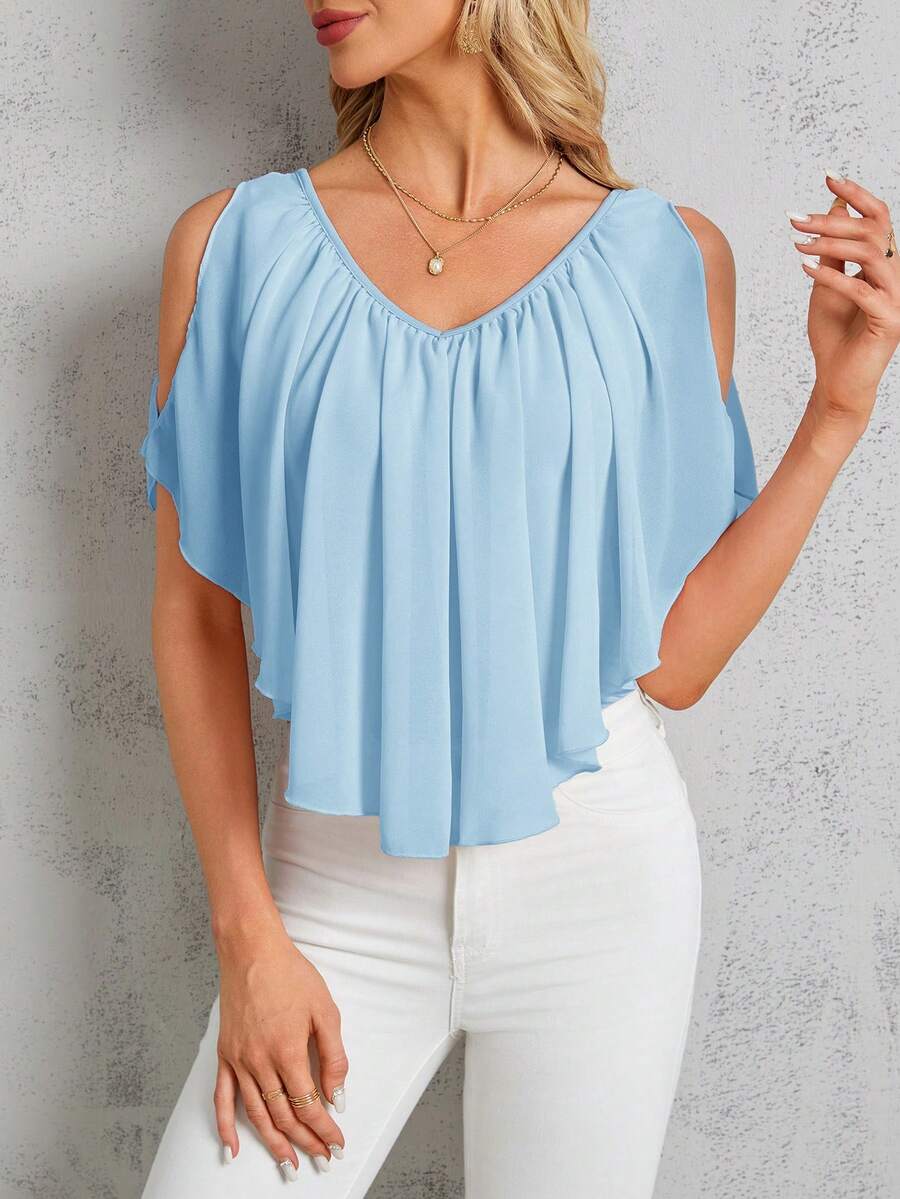 SHEIN Clasi Áo thun trễ vai viền bèo nhún - Màu xanh nhạt - Xem 1