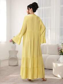 SHEIN Najma Romantic Elegant Yellow Stand Collar Flare Sleeve Ruffle Hem Dress, Spring/Summer - Yellow - View 6