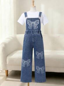 Tween Girls' Bow Print Jumpsuit,Straight Wide-Leg Blue White Suspender Style Denim Overalls For Summer,Casual,School,Back-To-School Outdoor Activities - Blue - View 10