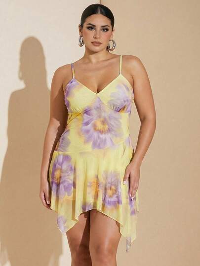 SHEIN BAE Plus-Size Women's Elegant Yellow And Purple Floral Print Slip Dress, Irregular Hem Mini Slip Dress, Leggings Dress. Suitable For Vacation,Summer,Summer Holiday Outfits,Spring Break Outfits ,Valentine Outfits For Women,Valentine's Day Outfit,Carniva,Carnival Women Look 2026,Plus Size,Curve,Elegant Outfits For Party,Beach Outfit For Women,Wedding Guest Party Dress ,Going Out,Vacation Outfits Women,Birthday Dress For Women,Formal Dress For Women,Plus Size Dress For Women,Tea Party Outfit Women,Club Outfits Women Plus,Airport Outfit For Women Travel