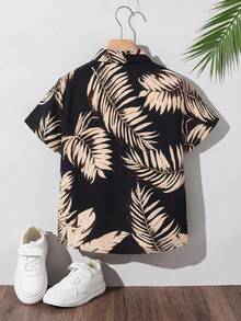 SHEIN 男童休闲条纹印花翻领纽扣短袖梭织衬衫 - 黑色 - 查看 2