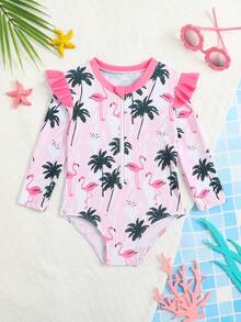 SHEIN Baby Girl Flamingo & Palm Tree Print Zipper Front Long Sleeve Romper Swimsuit, Casual Beach Vacation - Pink - View 5