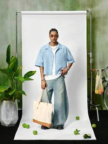 PAVTROS 男士牛仔效果镂空宽松短袖衬衫，粉蓝色，适合男士度假穿着，男士衬衫，男士度假服，浅蓝色纽扣衬衫 - 藍色 - 查看 7