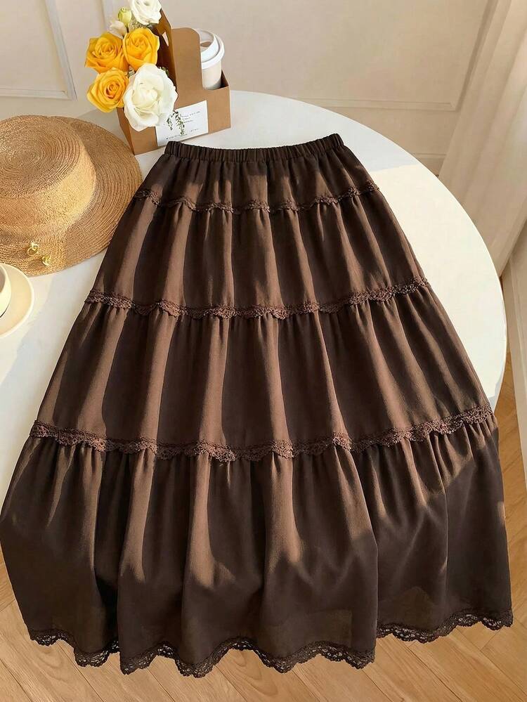 Solid Ruffle Hem Lace Trim Skirt