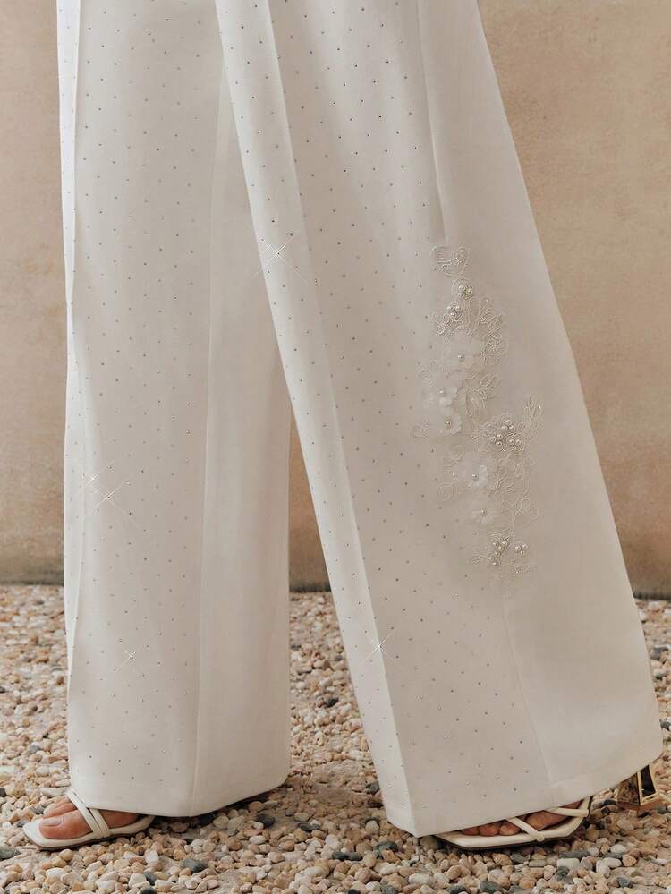 Elegant Party Vintage White Pants With Rhinestone Decoration, 3D Floral Craftsmanship, Slimming, Loose, Chic, Wide-Leg Design For Women