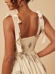 Travachic 女士碎花褶皱肩部系带腰身优雅迷你连衣裙，适合约会和派对穿着 - 杏色 - 查看 7