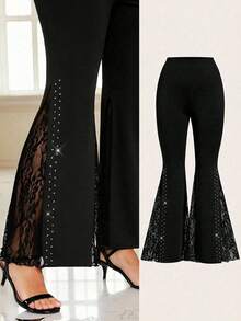 SHEIN Clasi Quần ống loe phối ren tương phản, cạp chun dành cho nữ cỡ lớn - màu đen - Xem 1