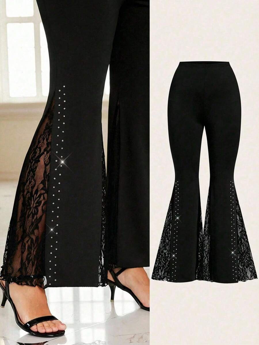 SHEIN Clasi Quần ống loe phối ren tương phản, cạp chun dành cho nữ cỡ lớn - màu đen - Xem 1