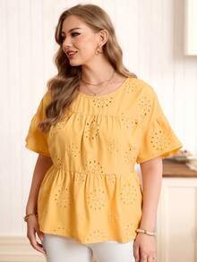 Rosumi 大码夏季休闲纯色镂空刺绣衬衫，休闲春夏海滩度假波西米亚风黄色娃娃衫，夏季上衣 - 黃色 - 查看 3
