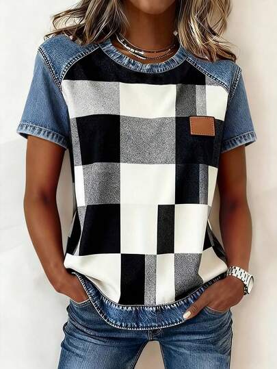 EMERY ROSE Camiseta Feminina Casual de Gola Careca de Manga Curta com Recortes Coloridos