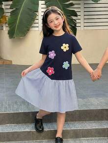 SHEIN Tween Girls' Back-To-School Summer Casual School Navy Blue Floral Patchwork Striped Print 2 In 1 Dress,Fashion Vacation Flower Spring Kids Clothes - Multicolor - View 7
