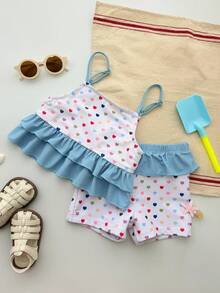 Dazy Kids Bộ đồ bơi 2 mảnh in hình trái tim, viền bèo nhún dành cho bé gái - Màu xanh lam - Xem 5
