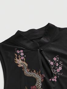 ROMWE J-FASHION 大码女式中国风火焰龙桃花印花背心 - 黑色 - 查看 10
