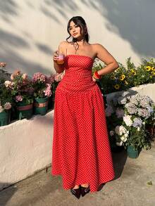 GalTyme 大码优雅波点印花无肩带连衣裙，夏季 - 紅色 - 查看 5