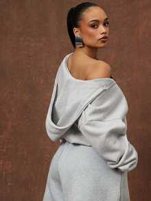 Vixey 厚重抓绒卫衣，落肩宽松拉链连帽衫 - 淺灰色 - 查看 4