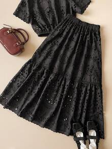 Muvela 春夏新款黑色弹力腰带抽绳设计不规则开衩蕾丝饰边拼接百褶裙，百搭复古学院风Y2K办公正式优雅都市通勤休闲浪漫90年代复古风，适合派对、婚礼、日常穿着。 - 黑色 - 查看 6