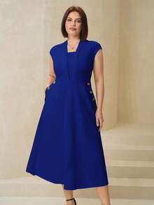 SHEIN Clasi 大码优雅纽扣装饰办公连衣裙 - 寶藍色 - 查看 3