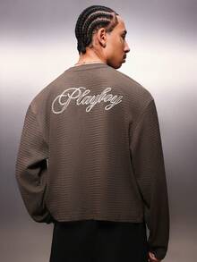 PLAYBOY X SUMWON Oversized Long Sleeve Tee With Script Print Crew Neck Casual Streetwear Top For Everyday Comfort Fall Winter Wardrobe Essential - Brown - View 1