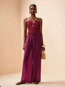 Zivah 2026春夏新品，适合情人节、音乐节、复活节、西部风、游牧风、波西米亚风、纳什维尔风、派对、晚宴、约会、聚会等场合。可调节腰围，荷叶边腰带设计，优雅宽松半透明沙滩罩衫及裤子套装。 - 酒紅色 - 查看 6