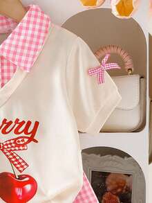 Elladie kids Set de 2 piezas de blusa de manga corta y falda a cuadros para niñas pequeñas, blusa color albaricoque con estampado de cereza y letras, combinada con mini falda a cuadros, conjunto casual de verano dulce y de moda - Rosa Fucsia - Ver 5