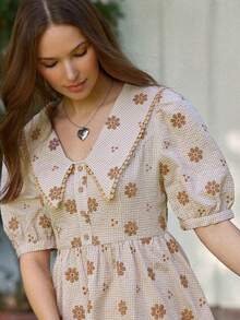 WESTFADE V领翻领纽扣前襟褶皱后背泡泡袖修身A字迷你连衣裙，饰有花卉刺绣，适合冬季、春季、度假、情人节、休闲、可爱、波西米亚风、西部风情等场合，也适合纳什维尔、度假、乡村音乐会等场合穿着。 - 卡其色 - 查看 6