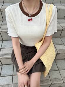 FRIFUL Women's Casual Loose Fit Contrast Color Trim T-Shirt, Versatile For Spring And Summer - Beige - View 5
