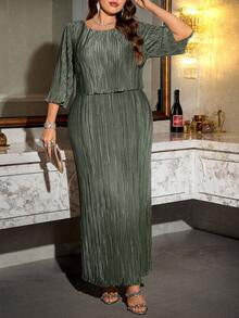Reflora Plus Size Elegant Solid Color Dress, Suitable For Party Fall - Olive Green - View 6