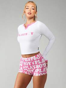 Missguided x Playboy 印花全幅logo设计休闲短裤，舒适休闲，度假必备单品 - 粉色 - 查看 3