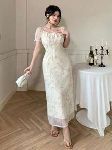 DAZY Đầm chiffon tay phồng họa tiết hoa mùa hè 2024, có eo thon, tôn dáng cho nữ, thích hợp mặc đi nghỉ mát phong cách boho. - Màu be - Xem 3