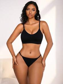 NudeFit 2pcs Set Women's Casual Minimalist Seamless Jacquard Wireless Bra And Panty Underwear Set - Black - View 5