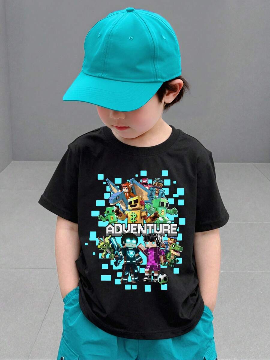 SHEIN Streecool Kids 男童积木图案印花圆领短袖T恤，适合节日、派对等场合，轻盈舒适，春夏皆宜，时尚休闲，适合户外、野餐、上学、度假等场合，也是一份贴心的礼物。 - 黑色 - 查看 1